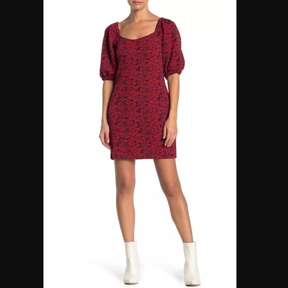 Free People Sunset Mini Dress L NWT Red Multi Print Puff Sleeve Bodycon Stretch - Picture 1 of 11